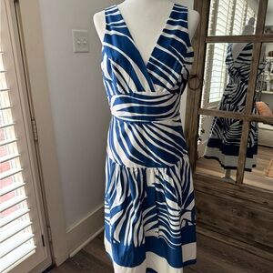 White House Black Market Blue and White Ruched Wrap Midi Dress